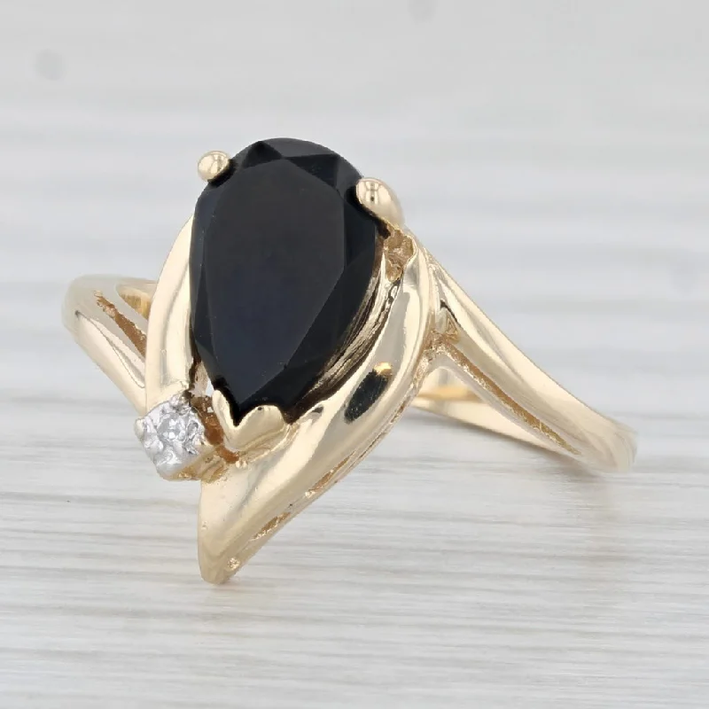 women’s unique engagement ring for women-Onyx Teardrop Diamond Ring 14k Yellow Gold Size 6 Bypass