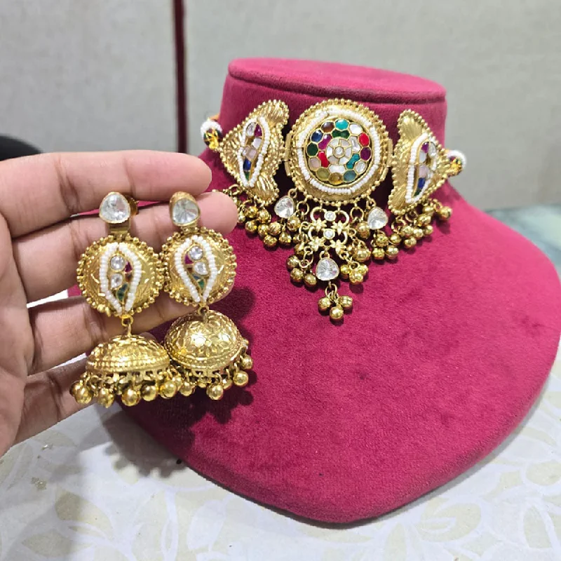 women’s gemstone pendant necklace-JCM Gold Plated Kundan Stone And Pota Stone Pearls Choker Necklace Set