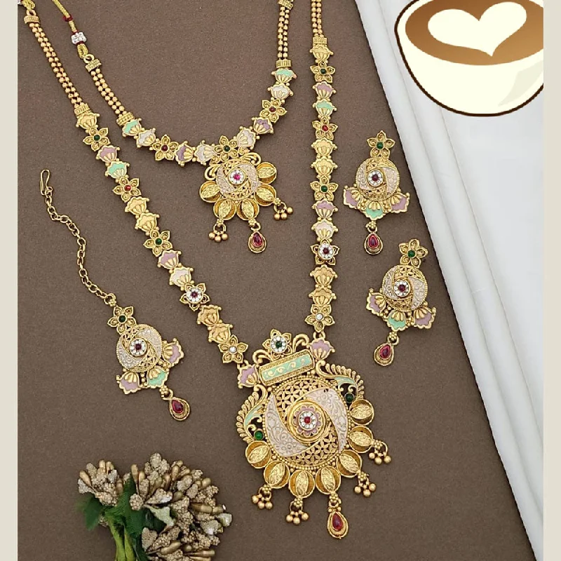 women’s heart-shaped necklace-FS Collection Gold Plated Pota Stone And Meenakari Double Necklace Set