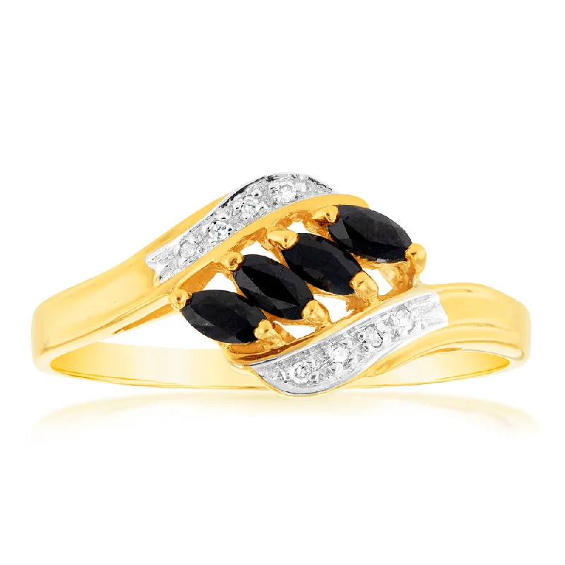 women’s unique engagement ring for women-Natural Marquise Cut Dark Sapphire Diamond Ring in 9ct Yellow Gold