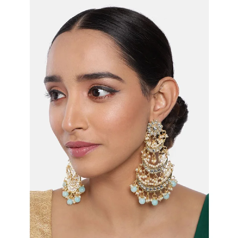 women’s gold diamond earrings-Etnico 18k Gold Plated 3 Layered Beaded Chandbali Earrings with Kundan and Pearl Work for Women (E2859Sb)