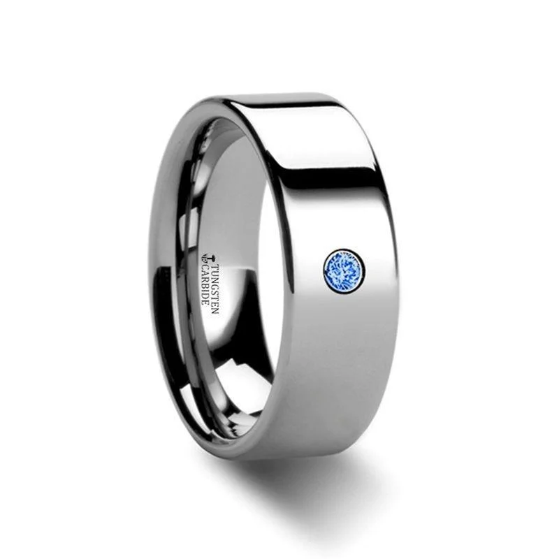 women’s luxury sapphire engagement ring-PEMBROKE Flat Style Polished Tungsten Blue Diamond Ring - 6mm & 8mm