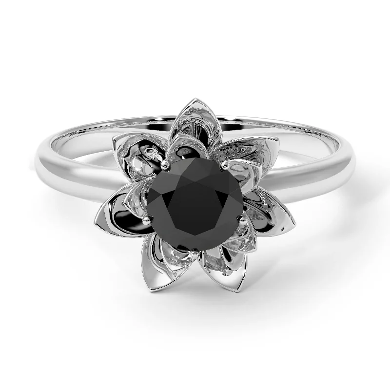 women’s vintage-inspired engagement ring-Lotus Flower Solitaire Black Diamond Ring - Lotus no. 9