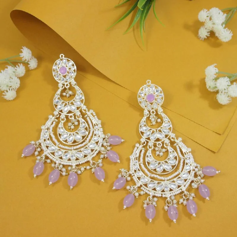 women’s fancy earrings-Etnico Gold Plated Traditional Kundan & Pearl Chandbali Earrings For Women (E3093Pu)