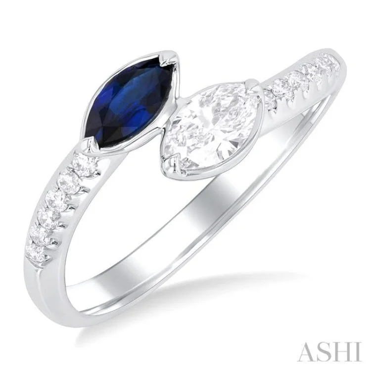 women’s stacked rings for women-1/3 ctw Toi Et Moi 6X3MM Marquise Cut Sapphire and 1/4 ctw Marquise & Round Cut Diamond Precious Fashion Ring in 14K White Gold