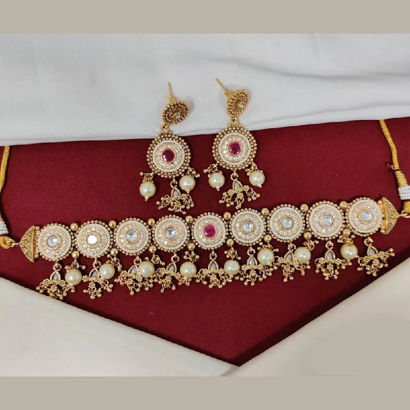 women’s dainty necklace-Manisha Jewellery Gold Plated Pota Stone And Pearls Choker Necklace Set