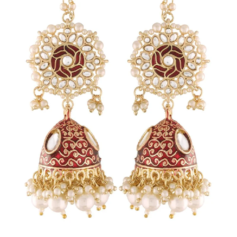 women’s colorful earrings-Etnico 18K Gold Plated Alloy Intricately Designed Traditional with Detachable Hair Chain Encased with Kundans and Pearls Jhumka Earrings For Women (E2906M)