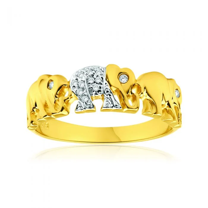 women’s vintage-inspired engagement ring-9ct Yellow Gold Elephant Diamond Ring - Elephants Symbolise Good Luck