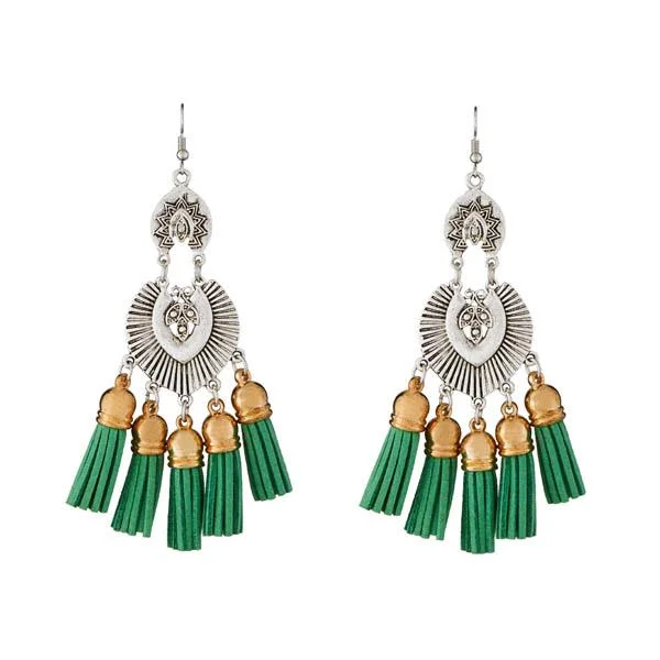 women’s bohemian earrings-Tip Top Fashions 2 Tone Plated Green Thread Earrings - 1312302C