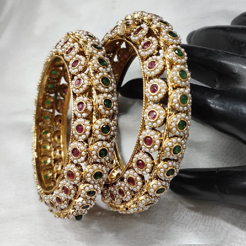 women’s gold cuff bangle-Lucentarts Jewellery Gold Plated Kundan And Pearl Bangles Set