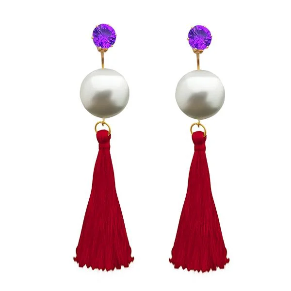 women’s wedding hoop earrings-Tip Top Fashions Maroon Thread Gold Plated Tassel Earrings - 1313314E