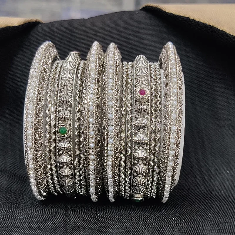 women’s luxury tennis bracelet-Pooja Bangles Silver  Plated Pota Stone And Pearl Bangles Set