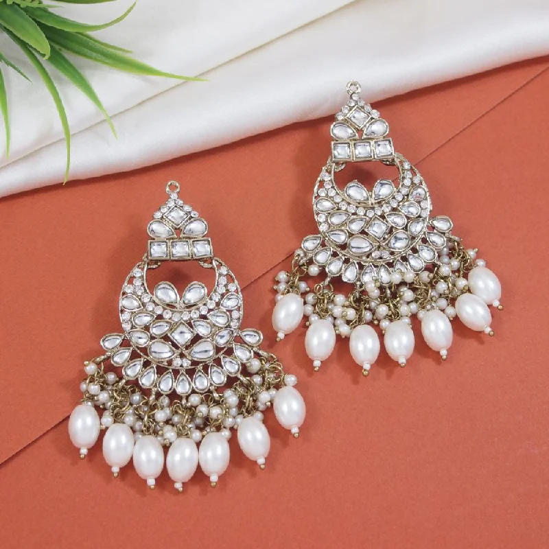 women’s delicate earrings-Etnico Gold Plated Traditional Kundan & Pearl Chandbali Earrings For Women (E3158W)