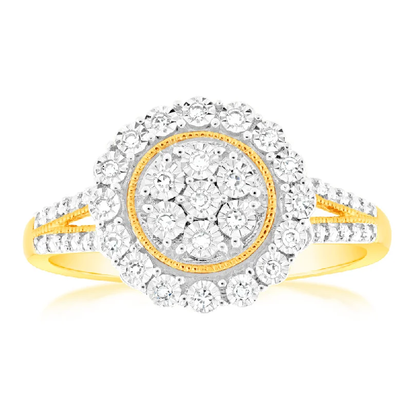 women’s three-stone engagement ring with diamonds-9ct Yellow Gold Luminesce Lab Grown Cluster Diamond Ring