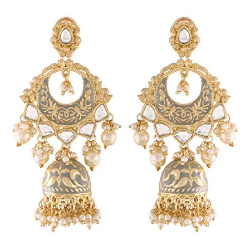 women’s wedding earrings for bride-Etnico 18K Gold Plated Intricately Designed Traditional Grey Enamel Glided With Kundans & Pearls Jhumki Earrings For Women (E2905Gr)