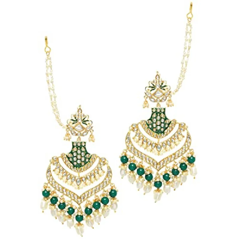 women’s hoop earrings-Etnico Women's 18K Gold Plated Intricately Designed Traditional Long Earrings Green Enamel Glided with Kundans & Pearls (E2903G)