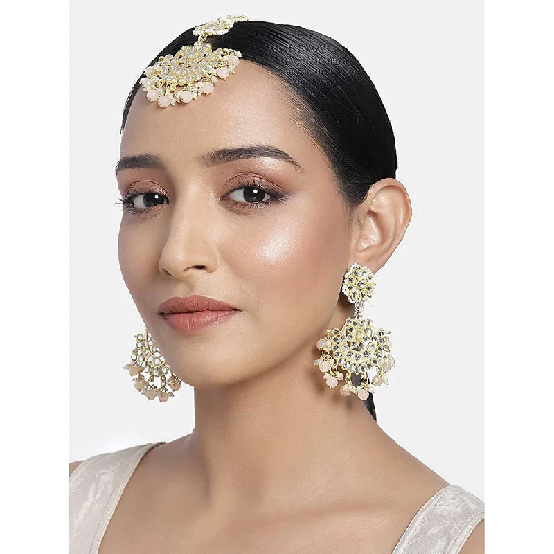 women’s diamond earrings-Etnico18K Gold Plated with Stunning Matte Finish Traditional Kundan & Faux Pearl Chandbali Earrings with Maang Tikka Set (TE2911Pe)