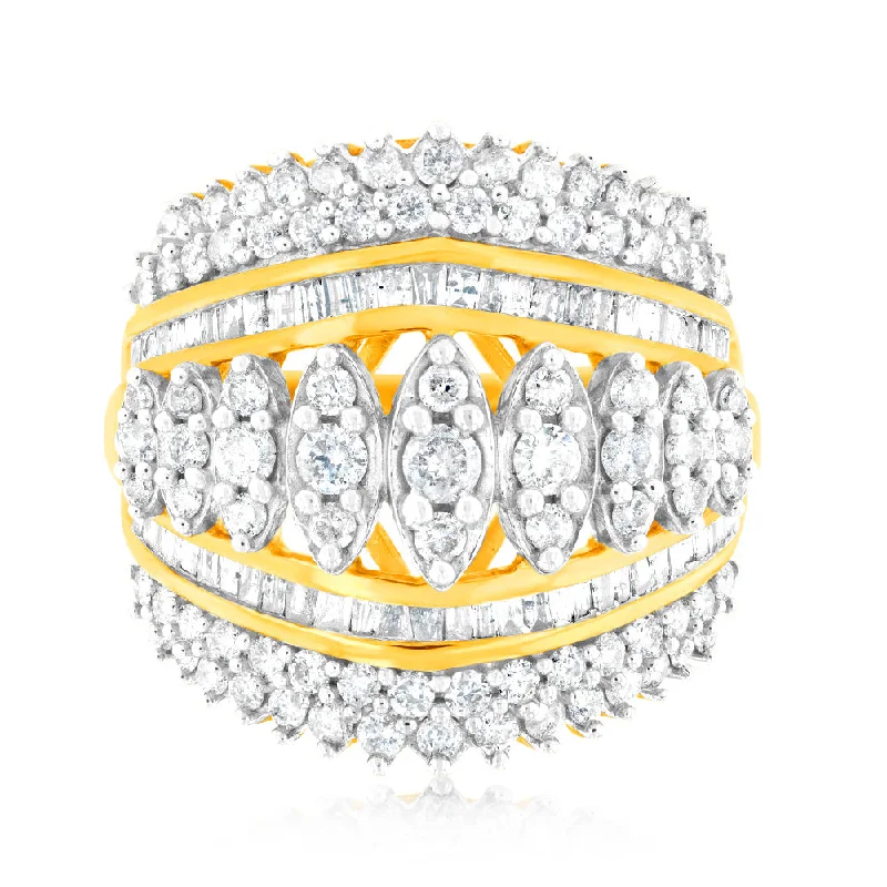 women’s floral engagement ring-10ct Yellow Gold 2 Carat Diamond Ring with Taper and Round Brilliant Cut Diamonds