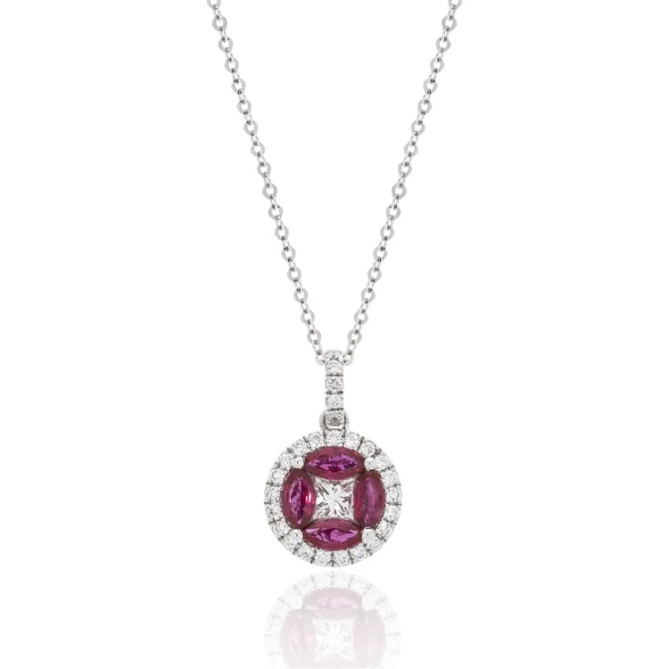 women’s minimalist pendant necklace-Luvente 14k White Gold Ruby and Diamond Necklace N02789-RU