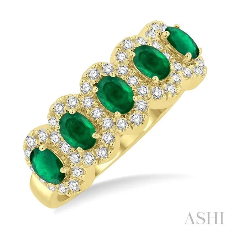 women’s geometric ring-1/3 ctw Oval Cut 4x3MM Precious Emerald and Round Cut Diamond Wedding Band in 14K Yellow Gold