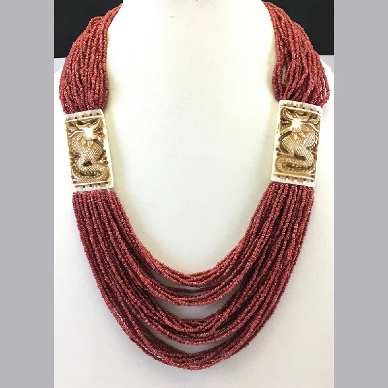 women’s vintage diamond necklace-Multi Layered Red Seed Bead With Bone Pendant Necklace