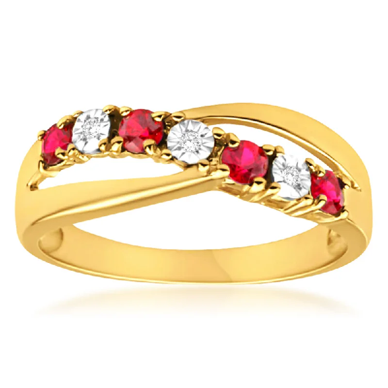 women’s engagement ring for her-9ct Yellow Gold 4 Created Ruby and 3 Diamond Ring