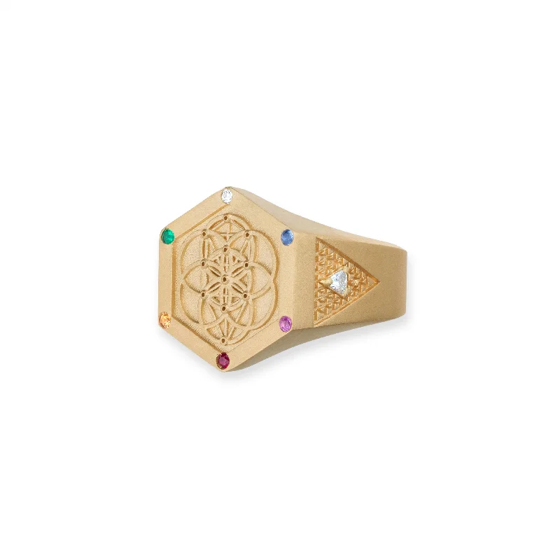 women’s round-cut engagement ring-MULTI GEMSTONE SACRED GEOMETRY SIGNET RING