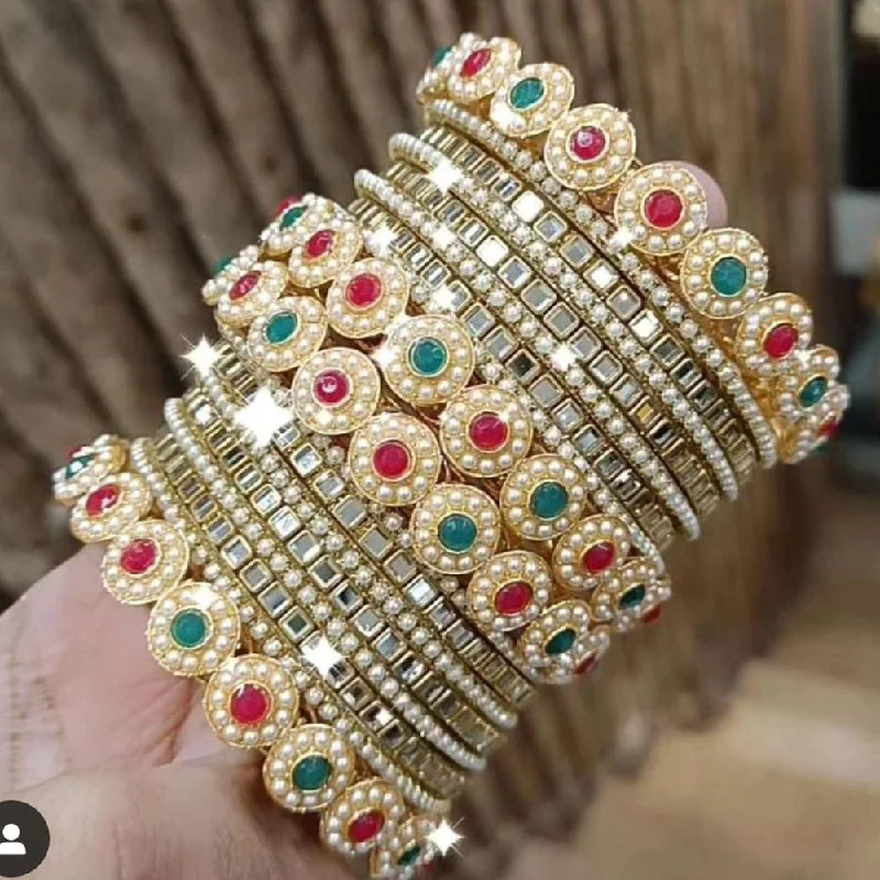 women’s sterling silver bangles-Pooja Bangles Gold Plated Mirror And Pearl Bangles Set