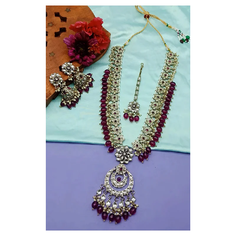 women’s emerald necklace-Gehana Mahal Kundan Stone And Meenakari Pearls Long Necklace Set