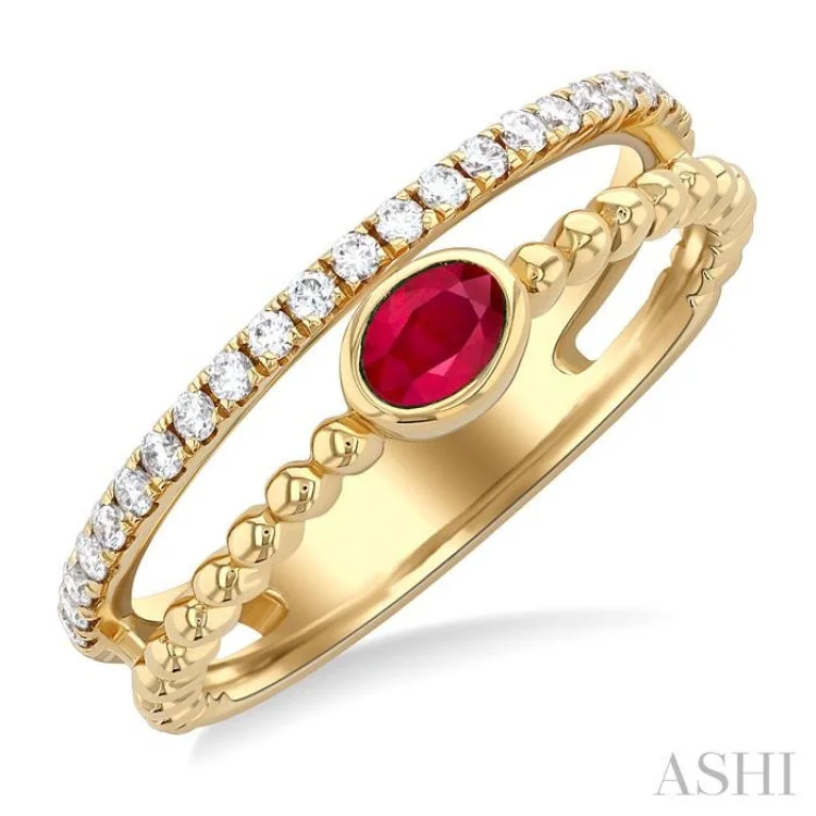 women’s luxury ring-1/5 ctw round Cut Diamonds and 4X3MM Oval Shape Ruby Precious Fashion Split Twin Ring in 10K Yellow Gold