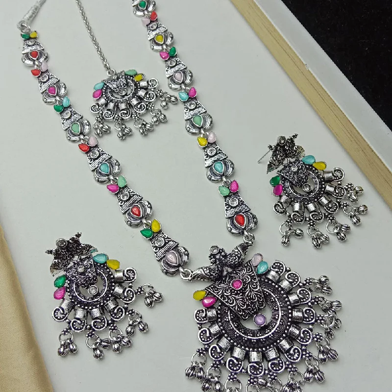 women’s vibrant gemstone necklace-SP Jewellery Oxidised Plated Pota Stone Necklace Set