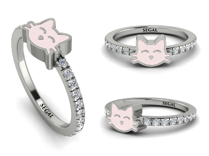 women’s simple engagement ring-Elegant Enamel Cat Diamond Ring - Cat No. 3